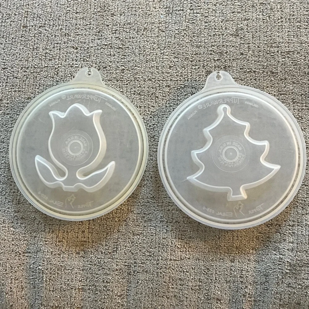 Tupperware Jel-Ring Jello Mold Set Sheer White Star Heart Tulip Tree 632-9 Lid